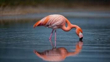 A pink flamingo wading in shallow water, reflecting its image on the surface. photo