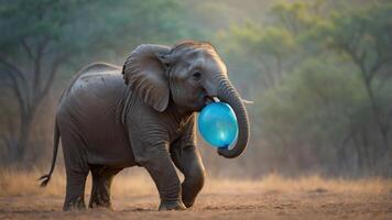 An elephant playfully carrying a blue balloon in a natural setting. photo