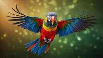 A vibrant parrot in flight, showcasing its colorful feathers against a blurred background. photo