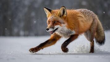 A red fox running through a snowy landscape, showcasing agility and beauty in nature. photo