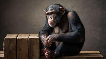 A contemplative chimpanzee sitting on wooden blocks, showcasing its expressive features. photo