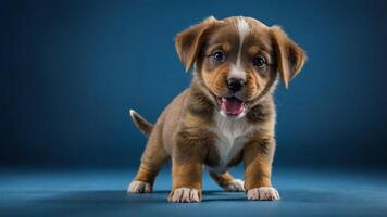 A playful puppy with a joyful expression, showcasing its cuteness against a blue background. photo