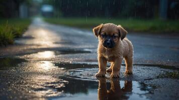 A small puppy stands in a puddle on a rainy path, evoking a sense of innocence and playfulness. photo