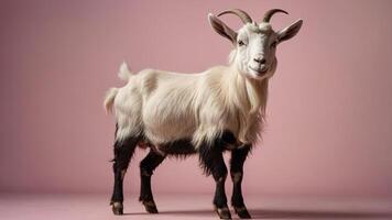 A smiling goat stands against a pink backdrop, showcasing its playful nature. photo