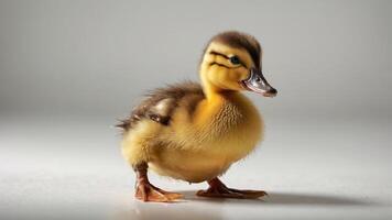A cute duckling standing on a smooth surface, showcasing its fluffy feathers and bright colors. photo