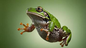 A vibrant green frog captured in mid-leap against a soft gradient background. photo