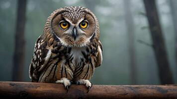 A close-up of an owl perched on a branch in a misty forest setting. photo