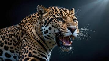 A close-up of a fierce jaguar showcasing its striking features and intense expression. photo