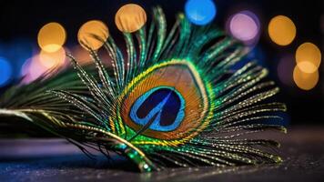 A vibrant peacock feather with colorful bokeh lights in the background. photo
