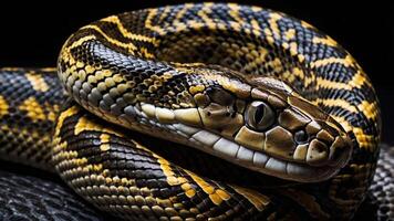 Close-up of a vibrant, coiled snake showcasing intricate patterns and textures. photo