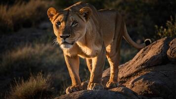 A lioness stands majestically on rocks, illuminated by soft sunlight in a natural setting. photo