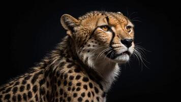 A close-up portrait of a cheetah showcasing its distinct features and patterns. photo