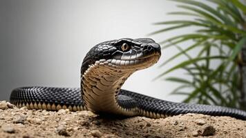A close-up of a snake with a textured body, set against a neutral background and foliage. photo