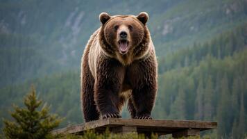 A powerful grizzly bear stands on a platform, roaring amidst a lush green forest backdrop. photo