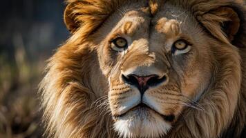 Close-up of a majestic lion showcasing its powerful features and intense gaze. photo
