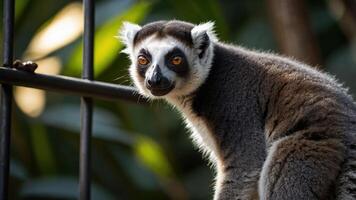 A close-up of a lemur with striking eyes, set against a blurred green background. photo