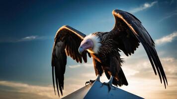 A vulture spreads its wings atop a structure against a dramatic sky at sunset. photo