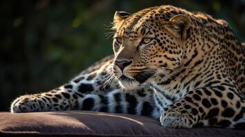 A close-up of a leopard resting, showcasing its distinctive spots and focused expression. photo