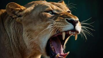 A close-up of a roaring lioness showcasing its fierce expression and sharp teeth. photo