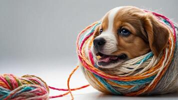 A playful puppy wrapped in colorful yarn, showcasing a cute and whimsical scene. photo