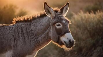 A close-up of a donkey with warm sunlight illuminating its fur in a natural setting. photo