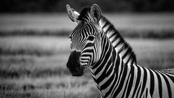 A black and white portrait of a zebra, highlighting its distinctive stripes. photo