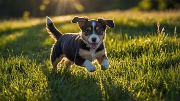 A playful puppy joyfully running through a sunlit grassy field. photo