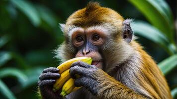 A monkey enjoying a bunch of bananas amidst lush greenery. photo