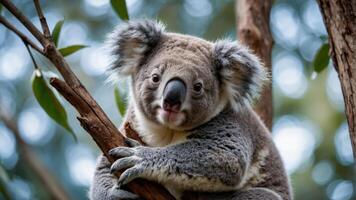 A close-up of a koala resting on a tree branch in a natural setting. photo