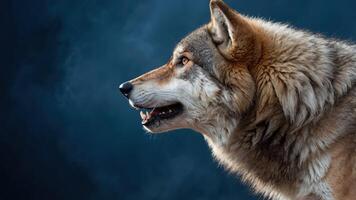 A close-up profile of a wolf against a dramatic, dark background. photo