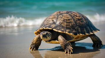 A turtle walking along the shoreline with gentle waves in the background. photo