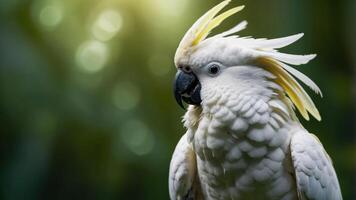 A close-up of a white cockatoo with a striking yellow crest against a blurred green background. photo