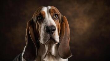 A close-up portrait of a Basset Hound with expressive eyes against a dark background. photo