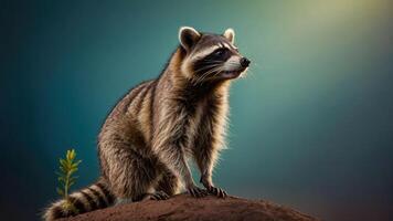 A raccoon perched on a rock, gazing into the distance against a softly blurred background. photo