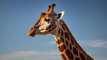 A close-up of a giraffe against a clear blue sky, showcasing its distinctive features. photo