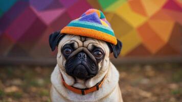 A pug wearing a colorful hat poses against a vibrant geometric background. photo