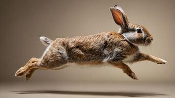 A rabbit leaping gracefully against a neutral background, showcasing its agility and motion. photo