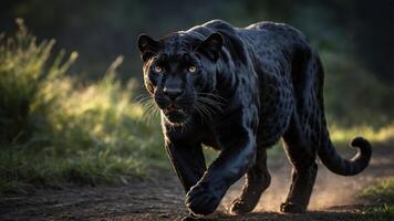 A black panther walking through a natural setting, showcasing its sleek form and intense gaze. photo