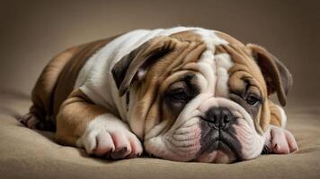 A close-up of a sad-looking bulldog puppy resting on a soft surface. photo