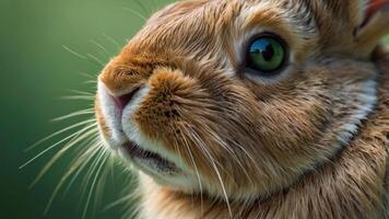 Close-up of a brown rabbit's face with a focus on its eye and whiskers. photo