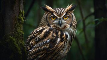 A majestic owl perched on a tree, showcasing its striking features and intense gaze. photo