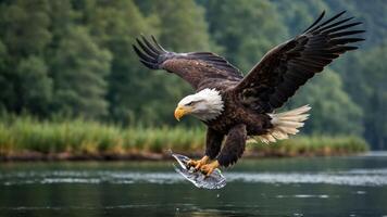 A majestic eagle swoops down to catch fish in a serene river setting. photo