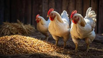 Three chickens foraging near a pile of grain in a rustic setting. photo