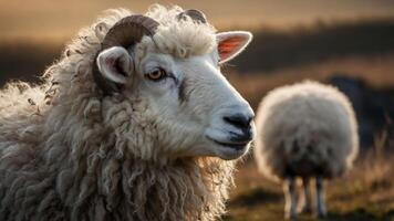 A close-up of a sheep in a serene landscape with another sheep in the background. photo