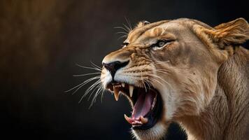 A fierce lioness roaring, showcasing its powerful presence and sharp teeth. photo