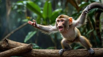 A lively monkey gestures energetically on a branch in a lush, green forest. photo