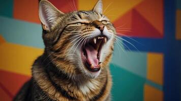 A close-up of a cat yawning against a colorful geometric background. photo