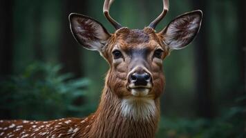 A close-up of a deer with antlers in a forest setting, showcasing its features and surroundings. photo