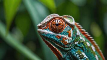 A close-up of a colorful chameleon displaying intricate patterns and textures. photo