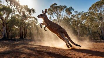 A kangaroo leaps through a dusty landscape, showcasing its agility in a natural setting. photo